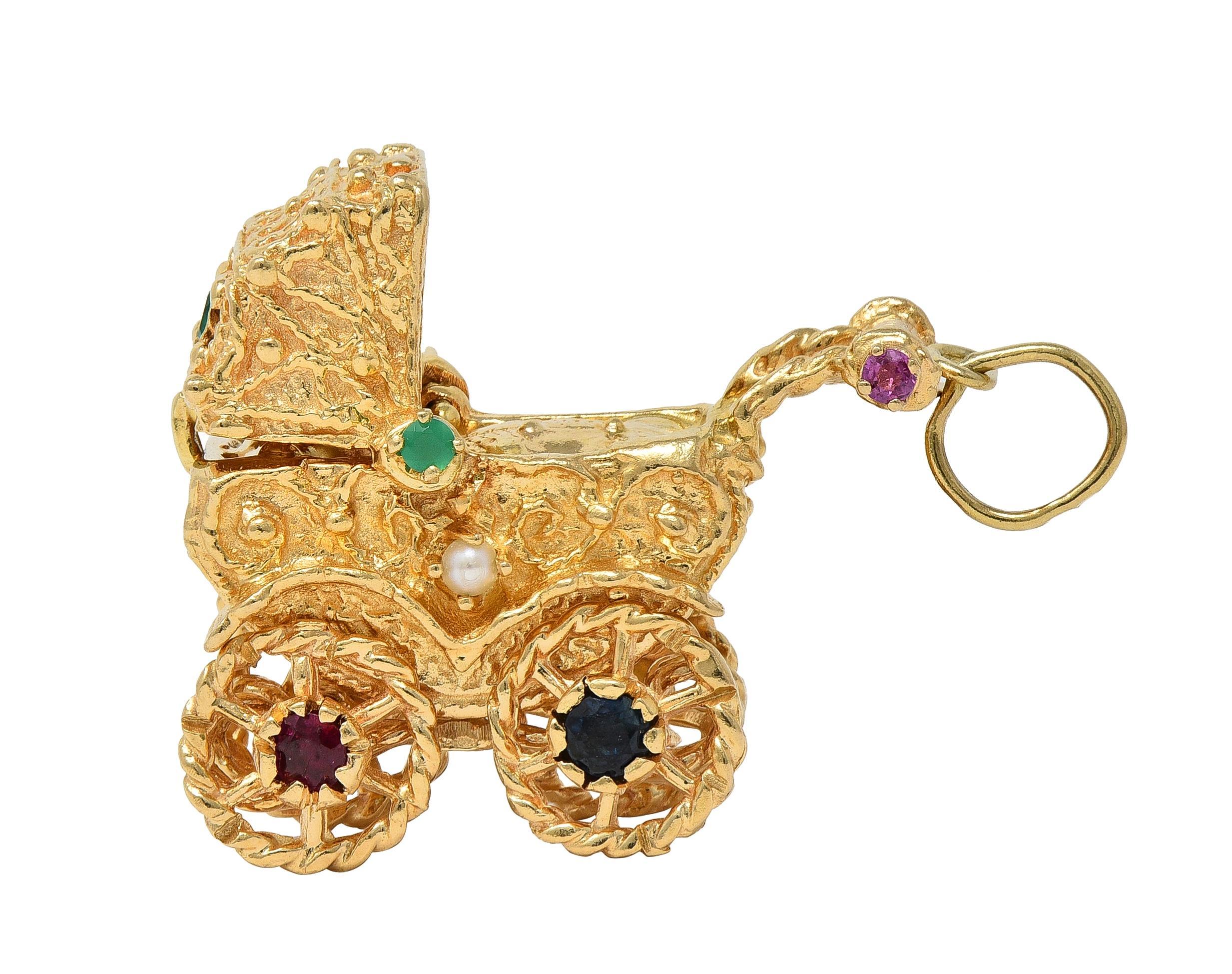 1960's Multi-Gem 14 Karat Yellow Gold Vintage Baby Carriage Charm For Sale 1
