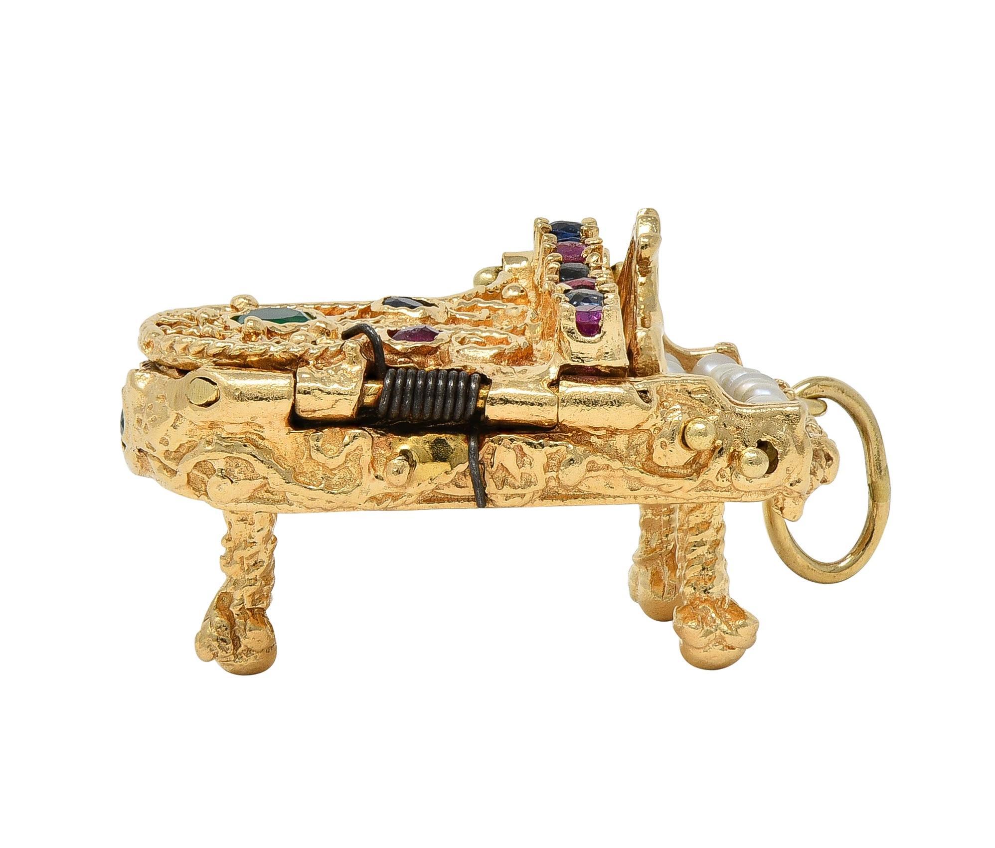 1960's Multi-Gem 14 Karat Yellow Gold Vintage Piano Pendant Charm For Sale 1