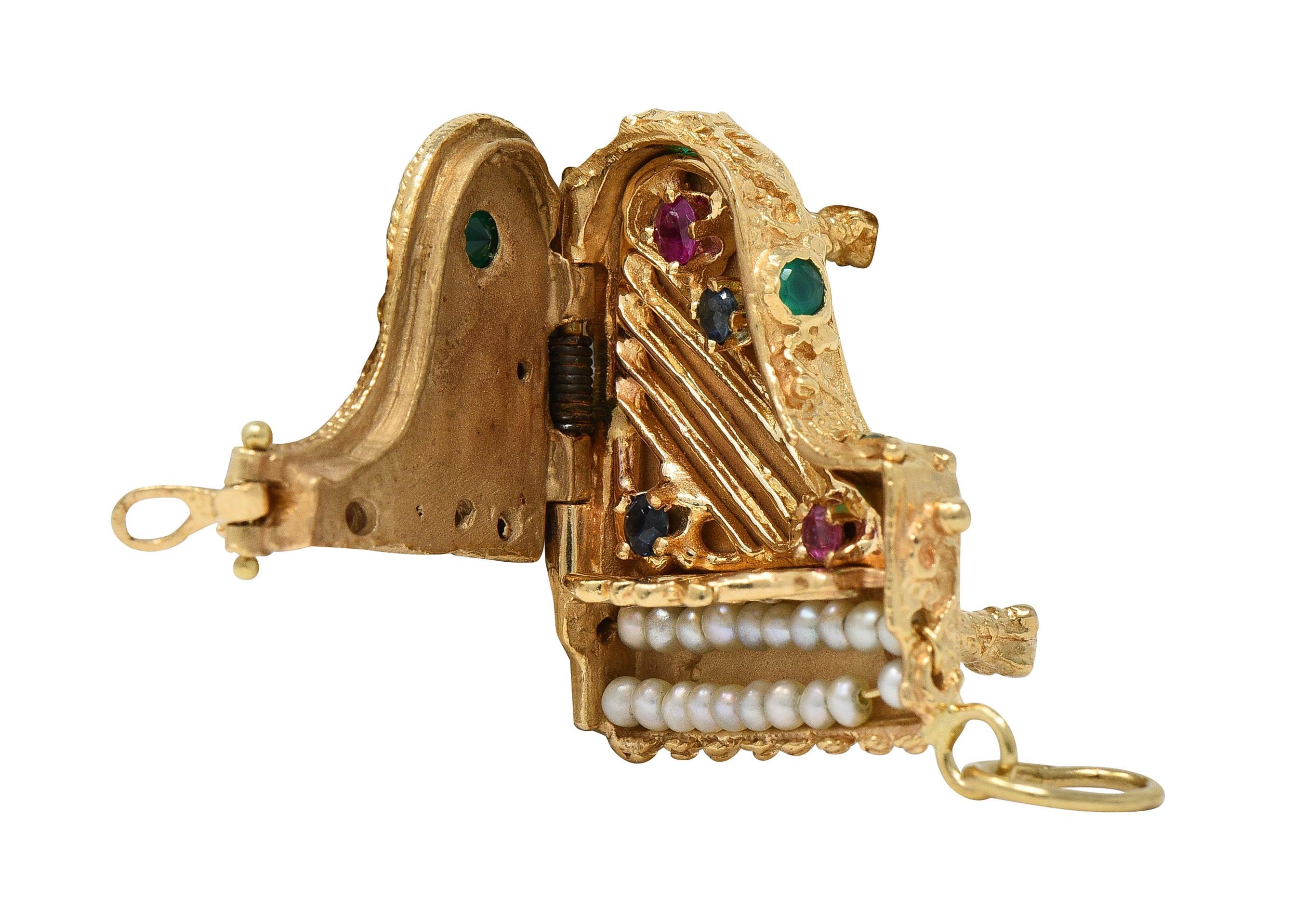 1960's Multi-Gem 14 Karat Yellow Gold Vintage Piano Pendant Charm For Sale 2
