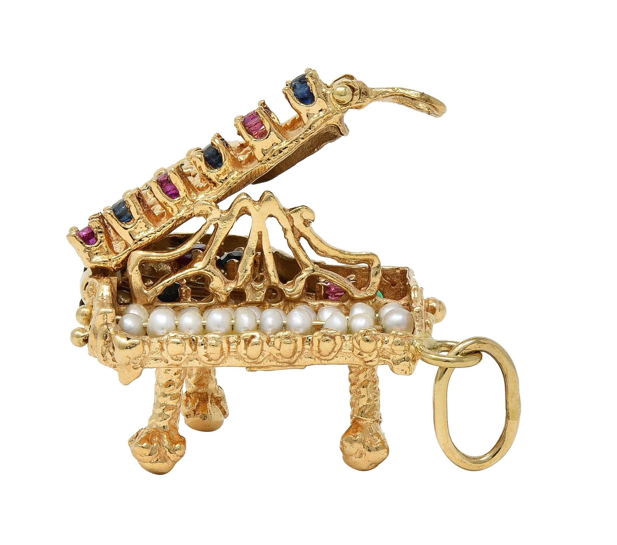 1960's Multi-Gem 14 Karat Yellow Gold Vintage Piano Pendant Charm