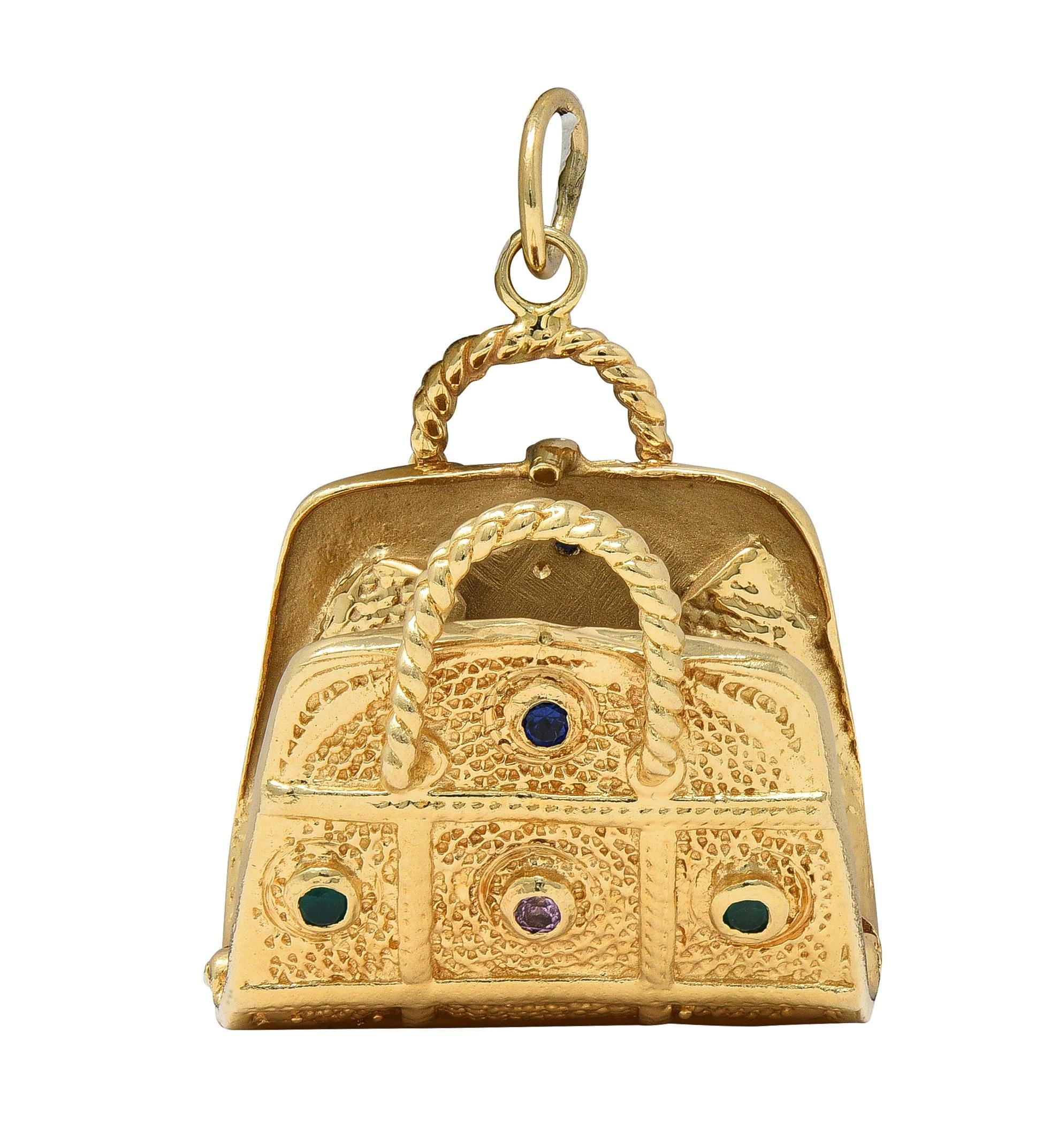 1960's Multi-Gem 14 Karat Yellow Gold Vintage Purse Pendant Charm (Moderne) im Angebot