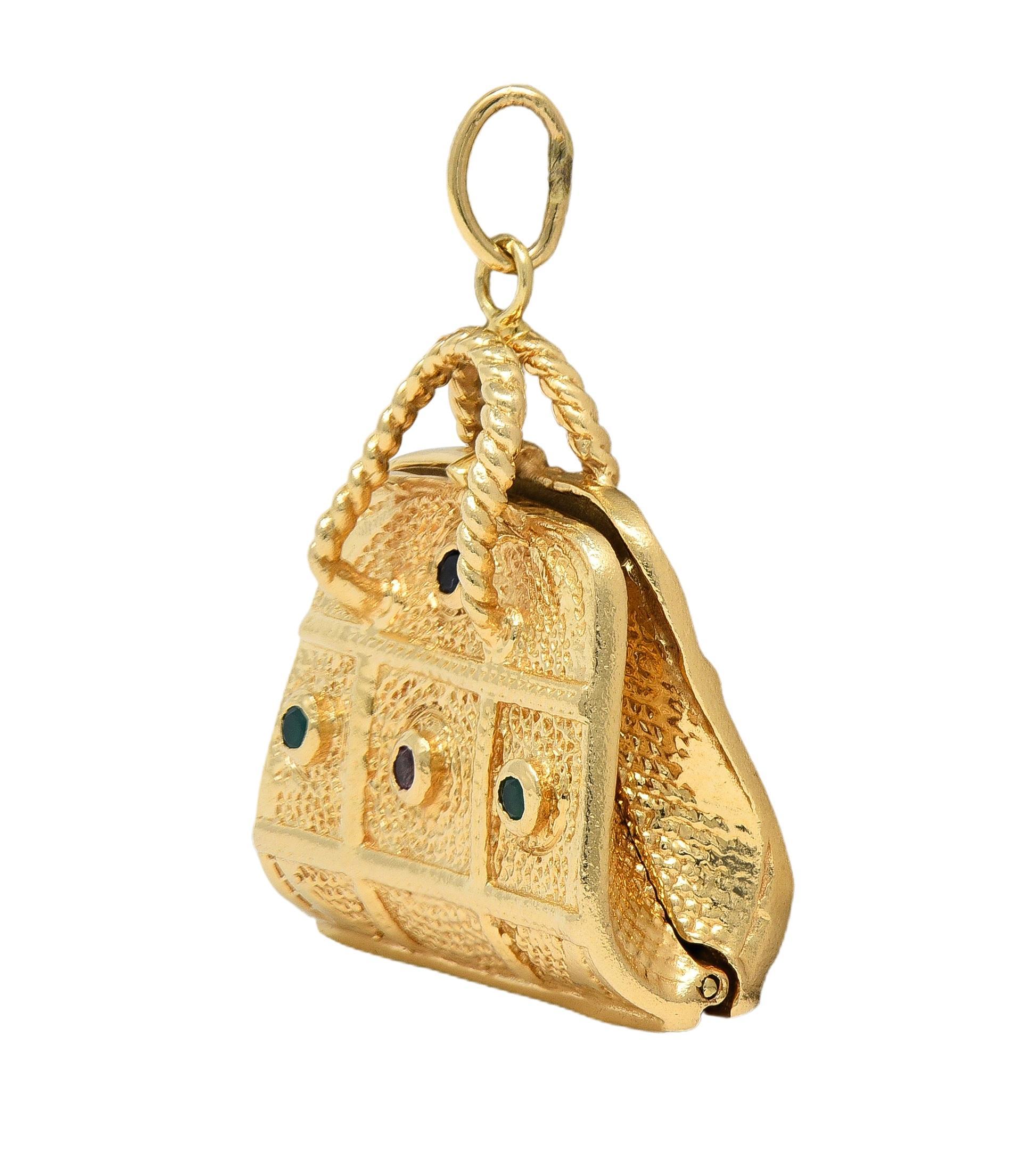 1960's Multi-Gem 14 Karat Yellow Gold Vintage Purse Pendant Charm (Rundschliff) im Angebot