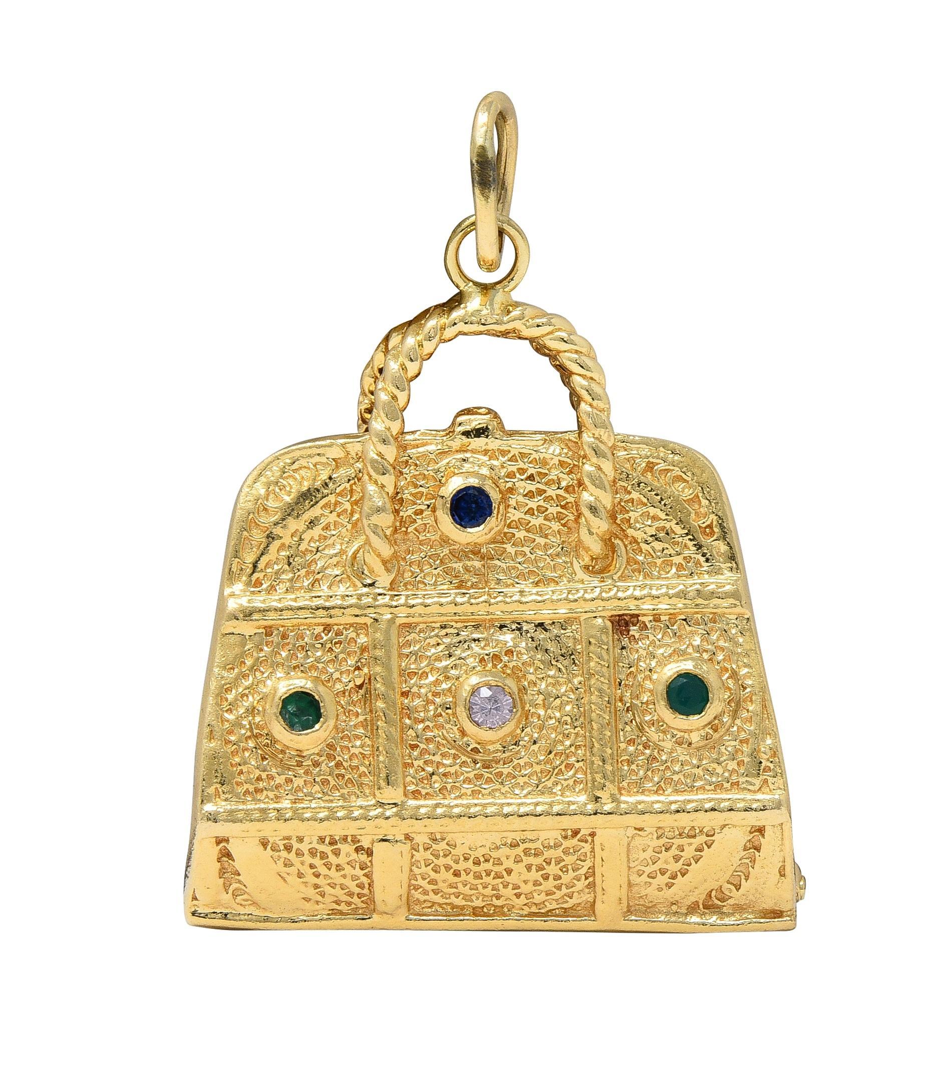 1960's Multi-Gem 14 Karat Yellow Gold Vintage Purse Pendant Charm im Zustand „Hervorragend“ im Angebot in Philadelphia, PA