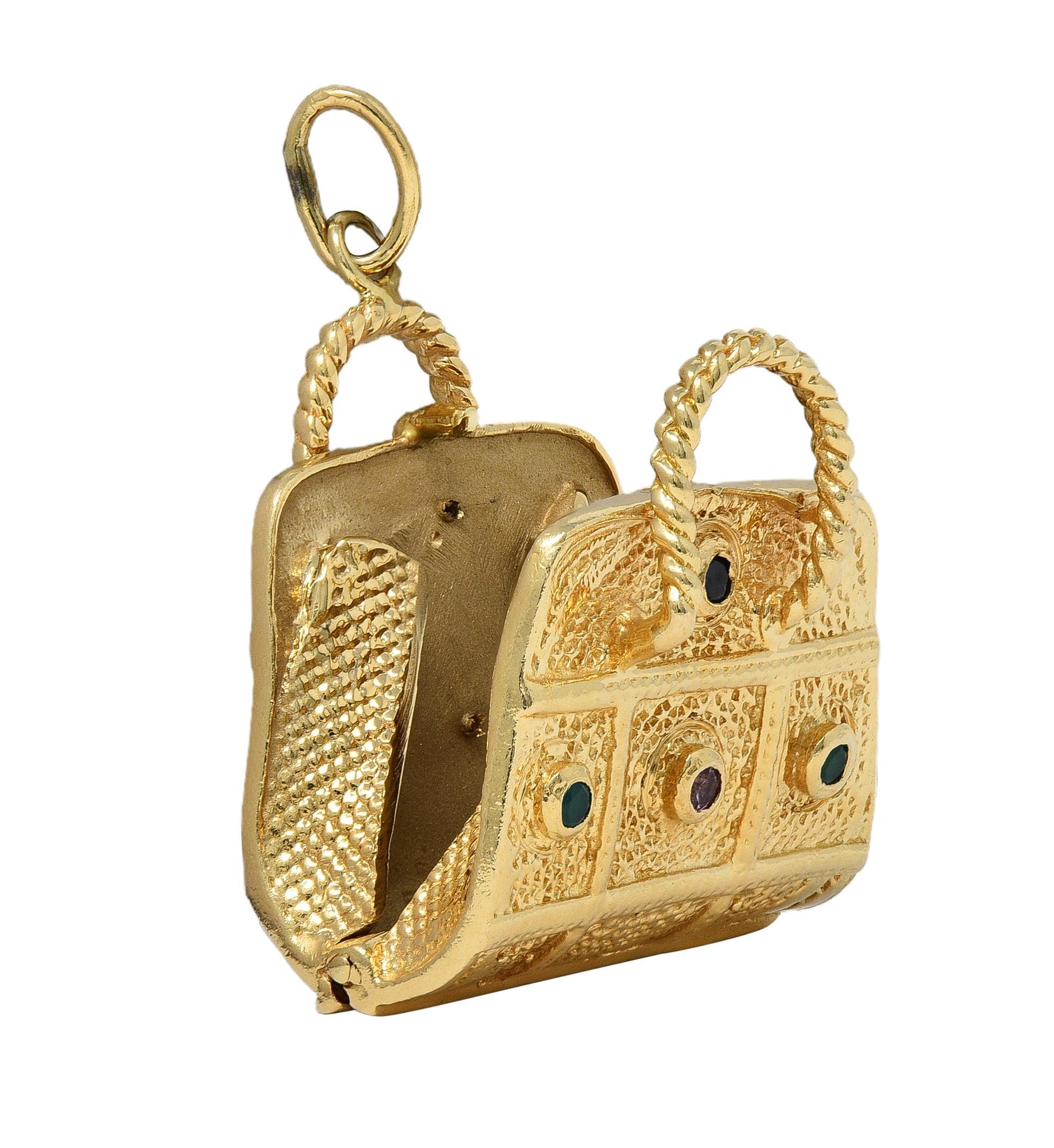 1960's Multi-Gem 14 Karat Yellow Gold Vintage Purse Pendant Charm für Damen oder Herren im Angebot