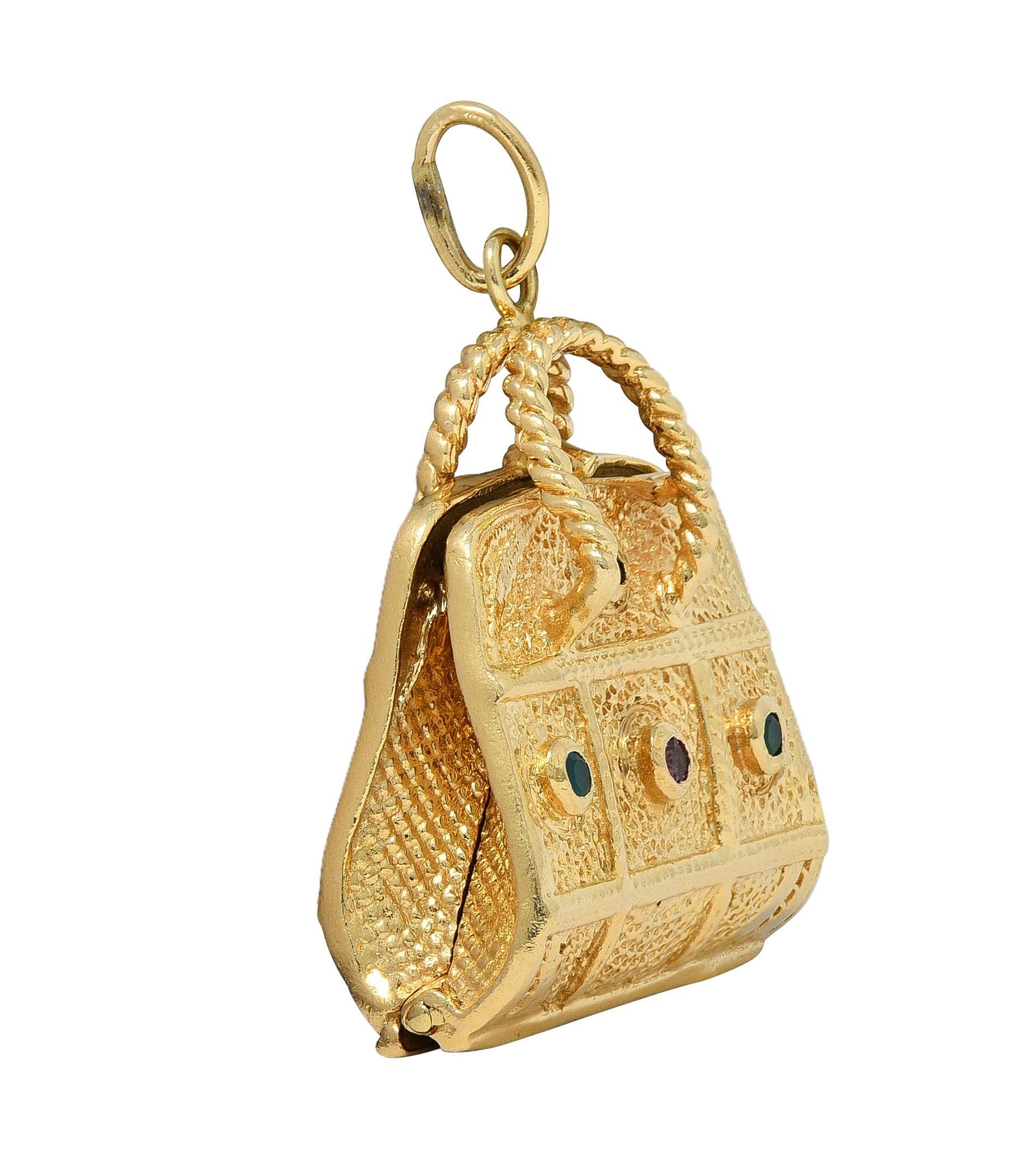 1960's Multi-Gem 14 Karat Yellow Gold Vintage Purse Pendant Charm im Angebot 1