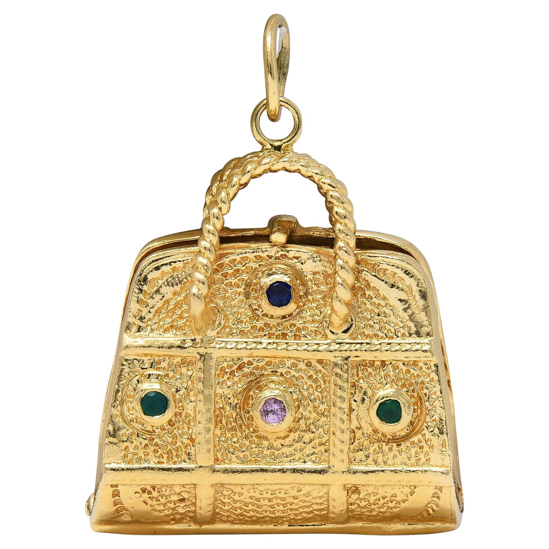 1960's Multi-Gem 14 Karat Yellow Gold Vintage Purse Pendant Charm