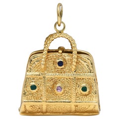 1960's Multi-Gem 14 Karat Yellow Gold Vintage Purse Pendant Charm