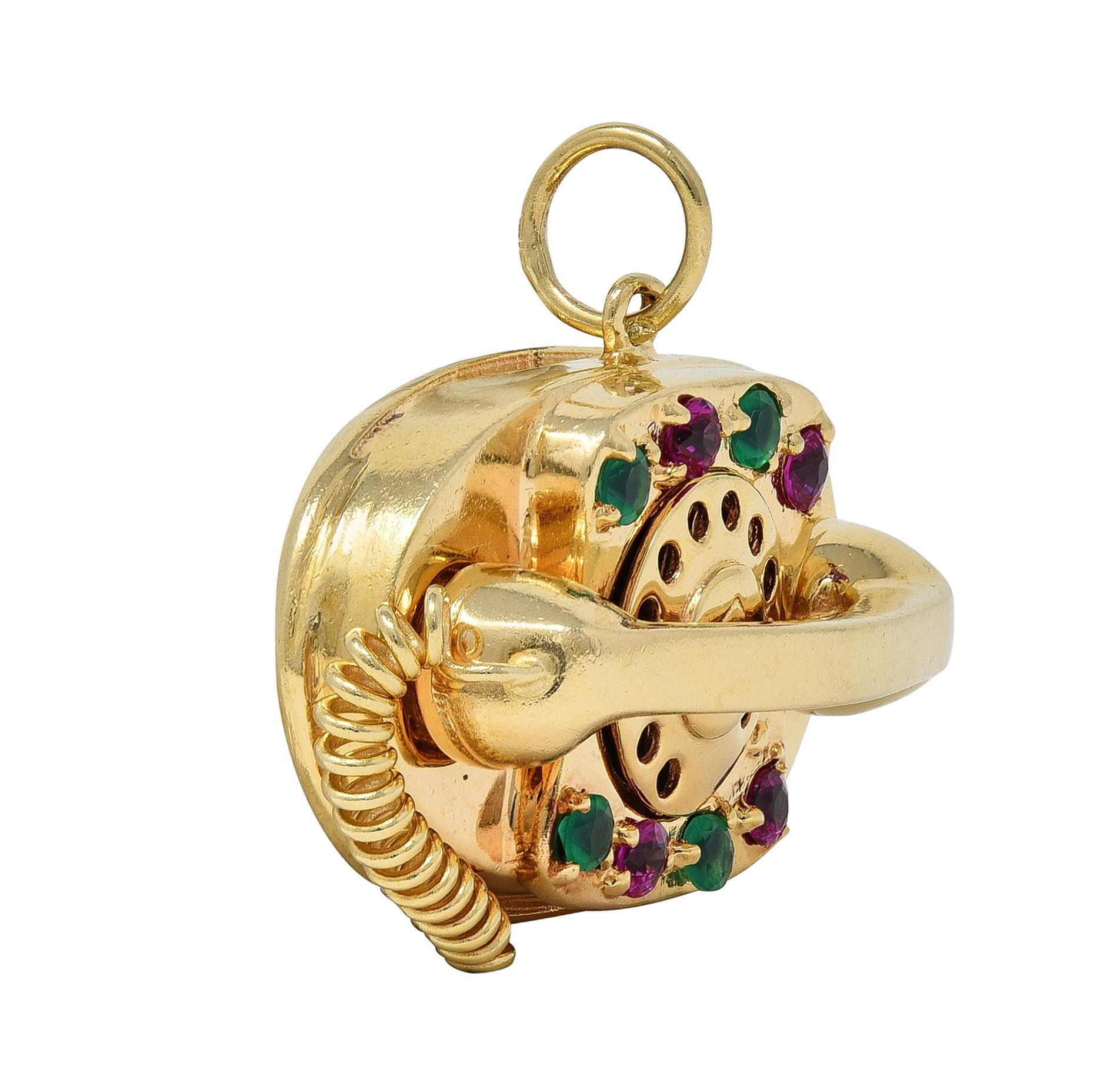 1960's Multi-Gem 14 Karat Yellow Gold Vintage Rotary Phone Pendant Charm In Excellent Condition For Sale In Philadelphia, PA