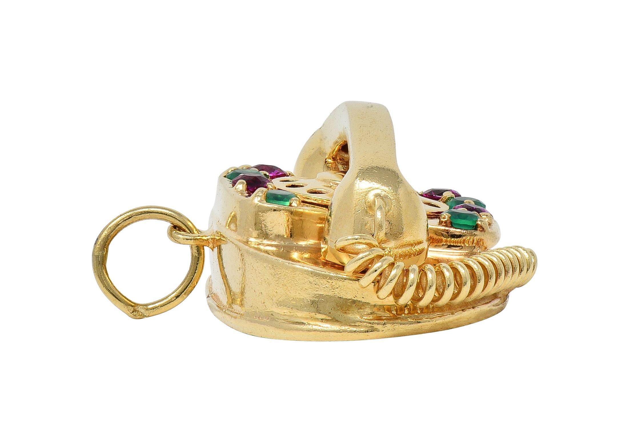 Women's or Men's 1960's Multi-Gem 14 Karat Yellow Gold Vintage Rotary Phone Pendant Charm For Sale