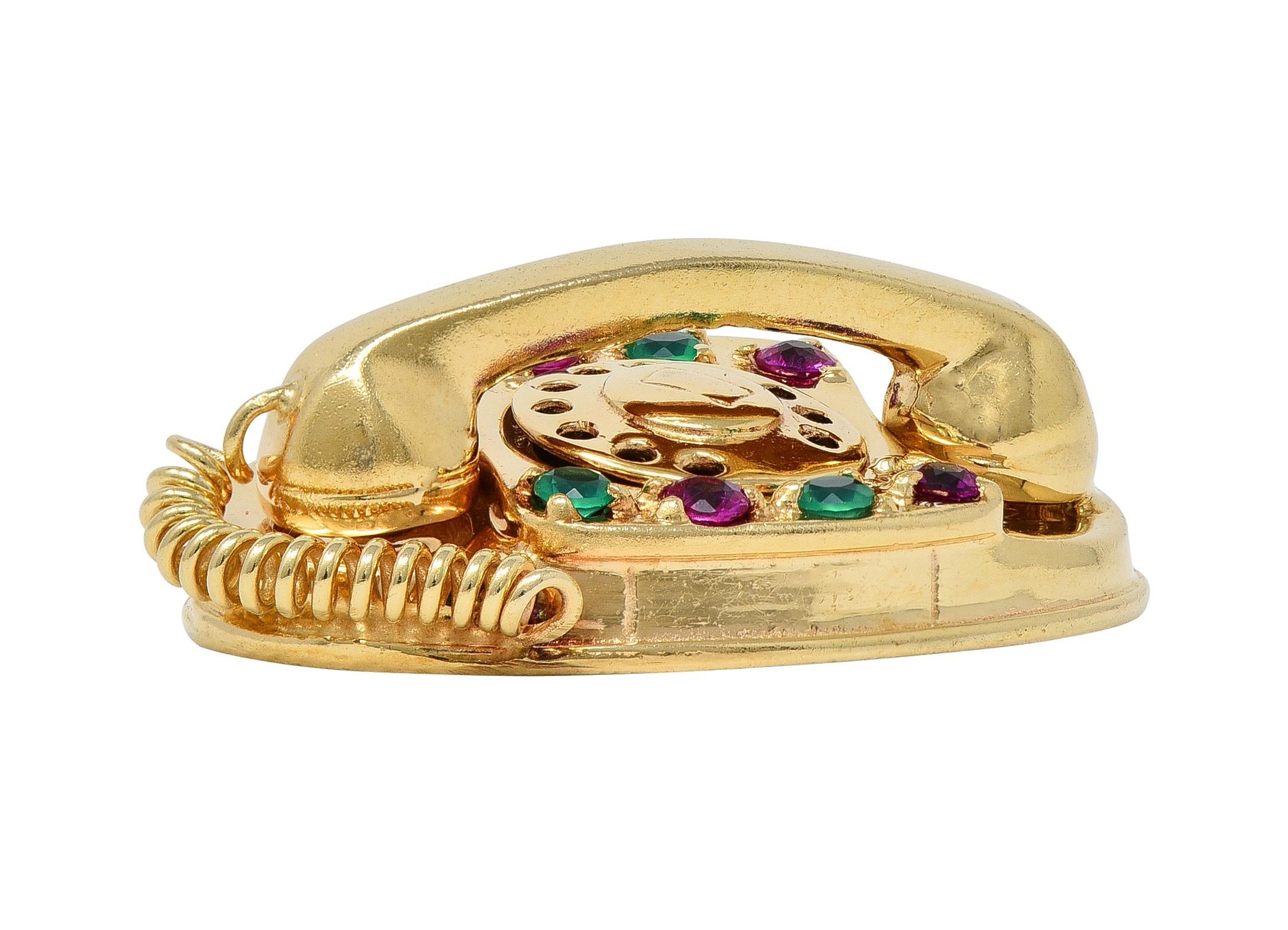 1960's Multi-Gem 14 Karat Yellow Gold Vintage Rotary Phone Pendant Charm For Sale 1
