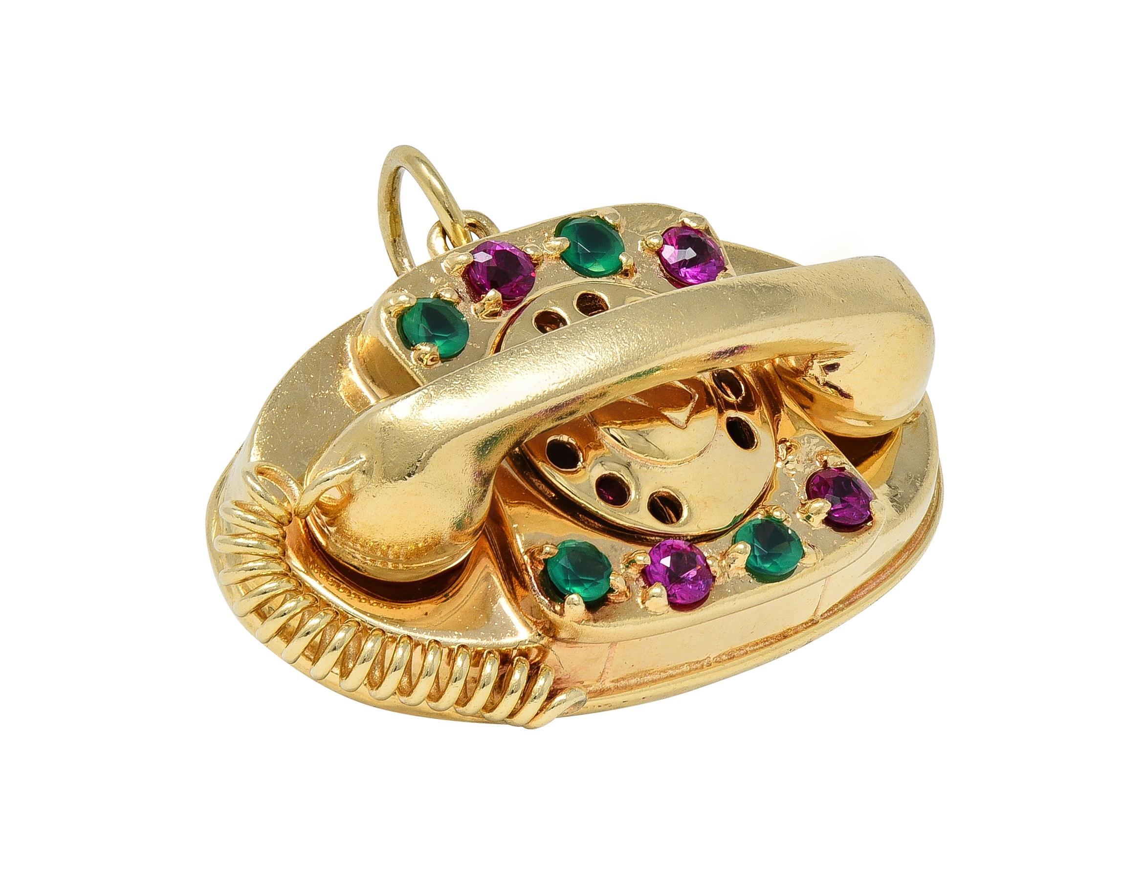 1960's Multi-Gem 14 Karat Yellow Gold Vintage Rotary Phone Pendant Charm