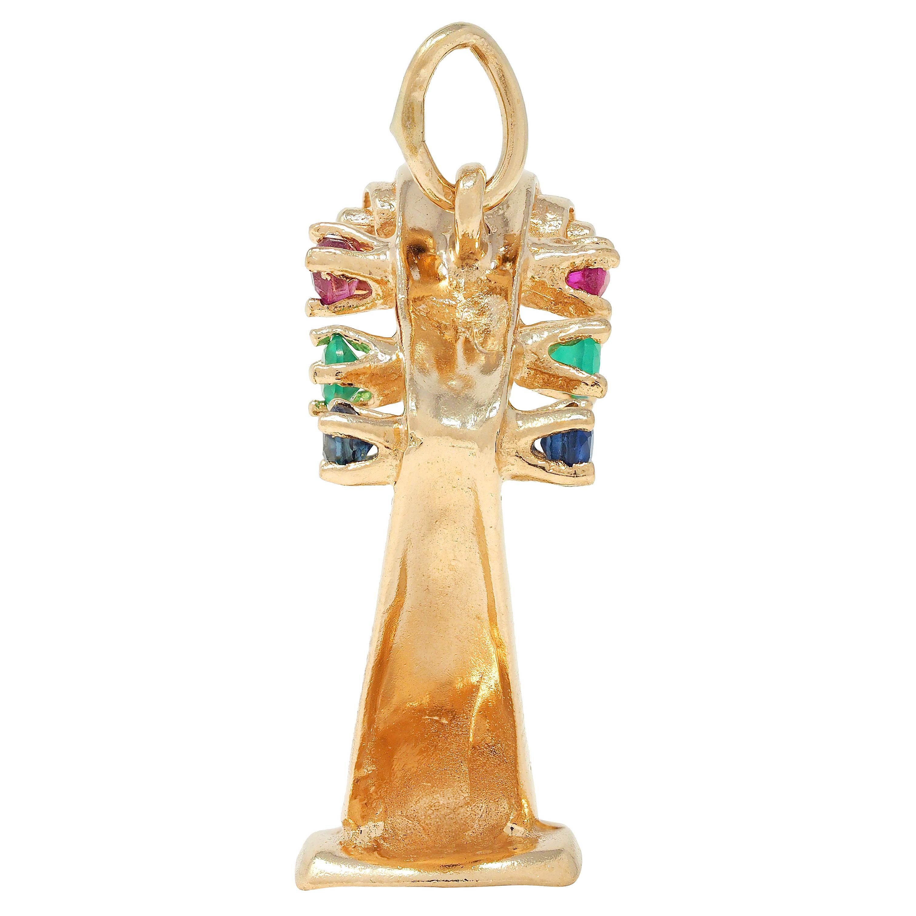 Modern 1960's Multi-Gem 14K Yellow Gold Vintage Harp Musical Instrument Pendant Charm For Sale