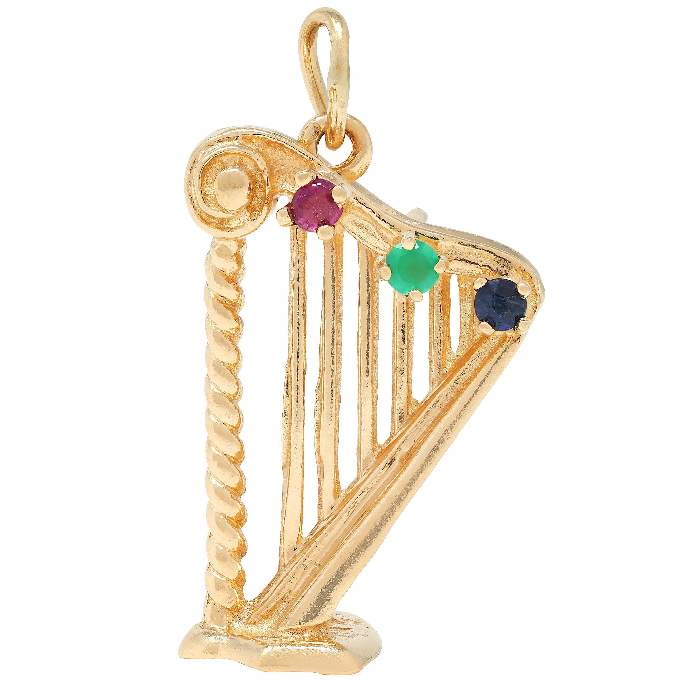 Round Cut 1960's Multi-Gem 14K Yellow Gold Vintage Harp Musical Instrument Pendant Charm For Sale
