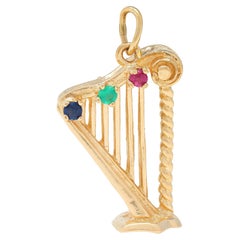 1960's Multi-Gem 14K Yellow Gold Vintage Harp Musical Instrument Pendant Charm