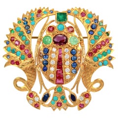 1960s  Multi Gem 18 Karat Yellow Gold Scarab Brooch Necklace