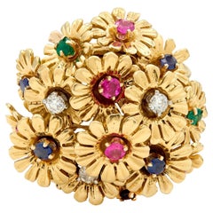 1960
s Multi-Gem 18 Karat Yellow Gold Vintage En Tremblant Daisy Flower Ring