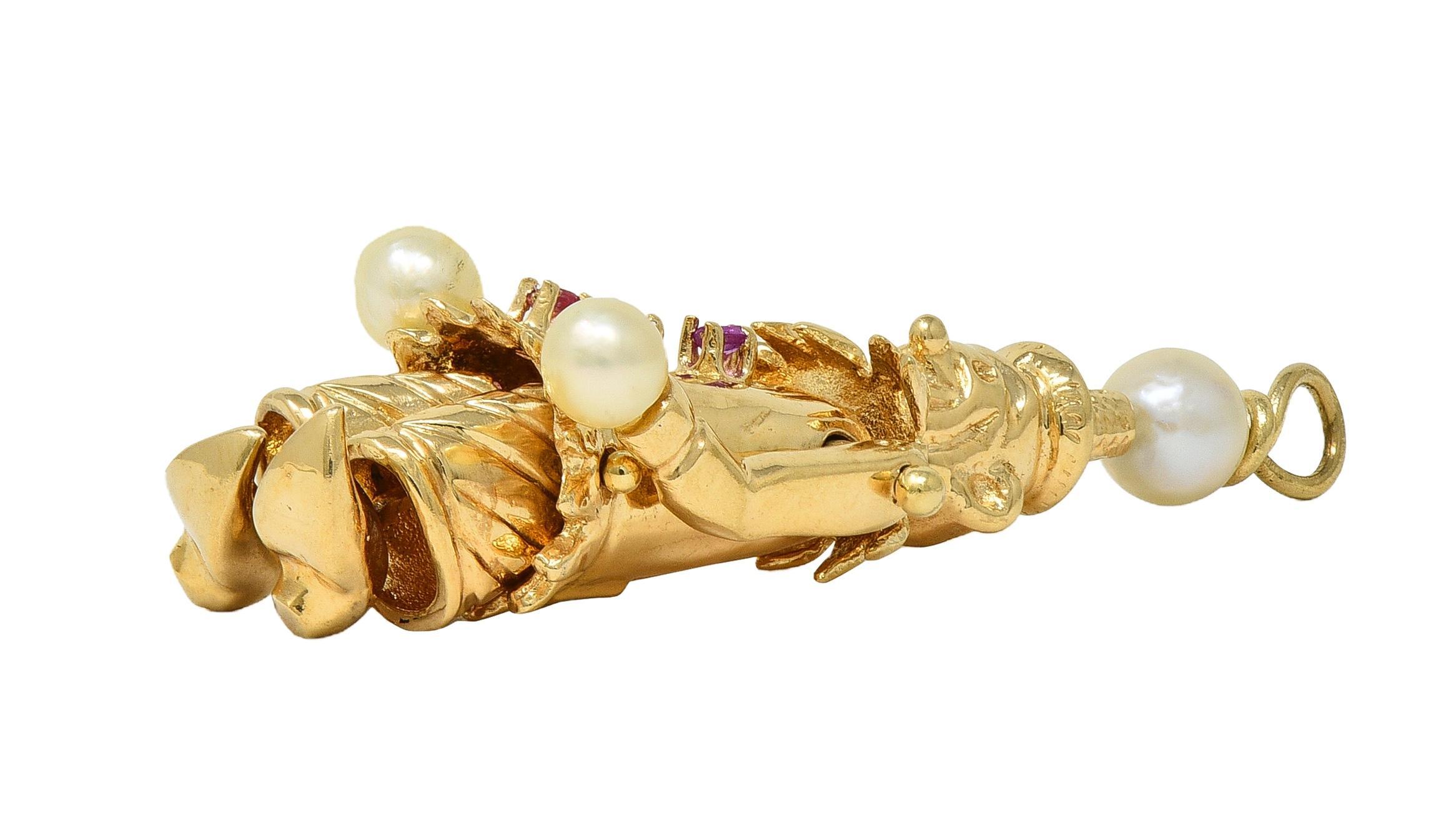 1960's Multi-Gem Pearl 14 Karat Gold Vintage Articulating Clown Pendant Charm en vente 4