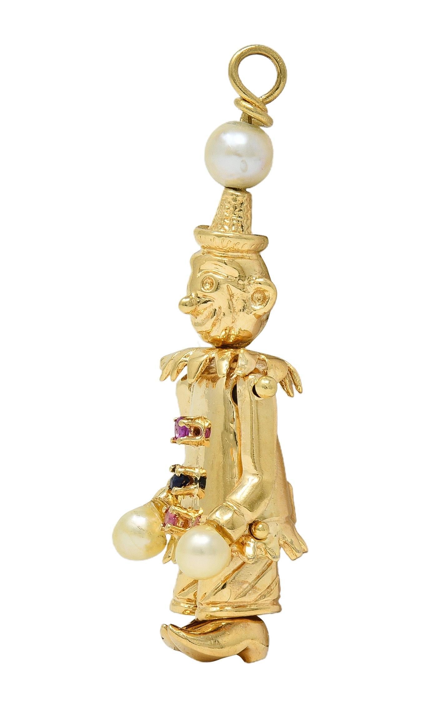 1960's Multi-Gem Pearl 14 Karat Gold Vintage Articulating Clown Pendant Charm en vente 5
