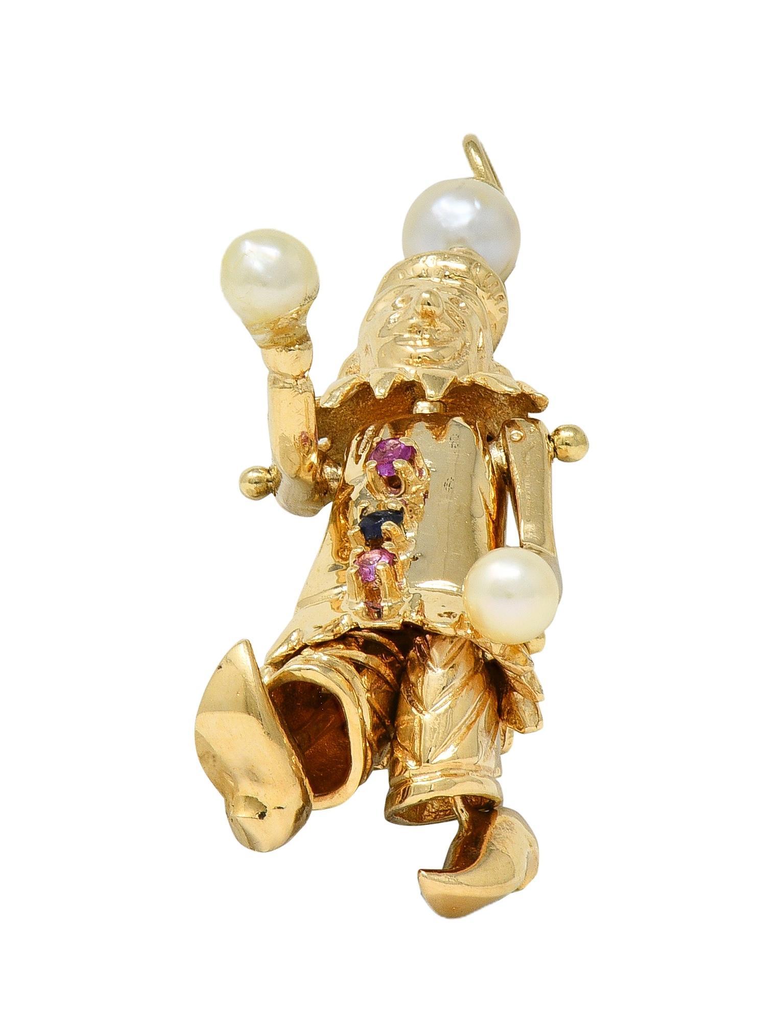 1960's Multi-Gem Pearl 14 Karat Gold Vintage Articulating Clown Pendant Charm Excellent état - En vente à Philadelphia, PA