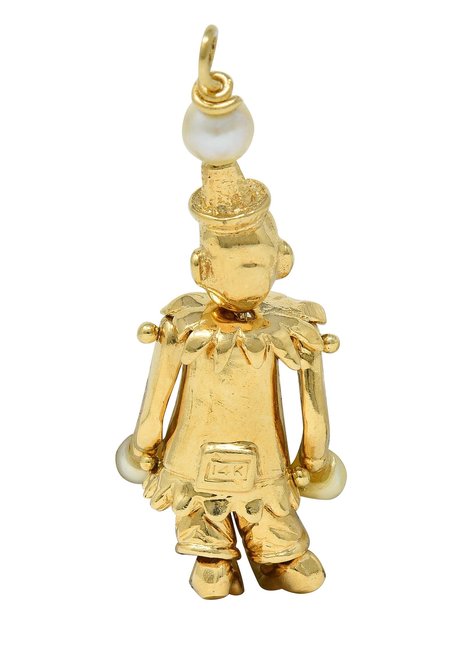 1960's Multi-Gem Pearl 14 Karat Gold Vintage Articulating Clown Pendant Charm Unisexe en vente