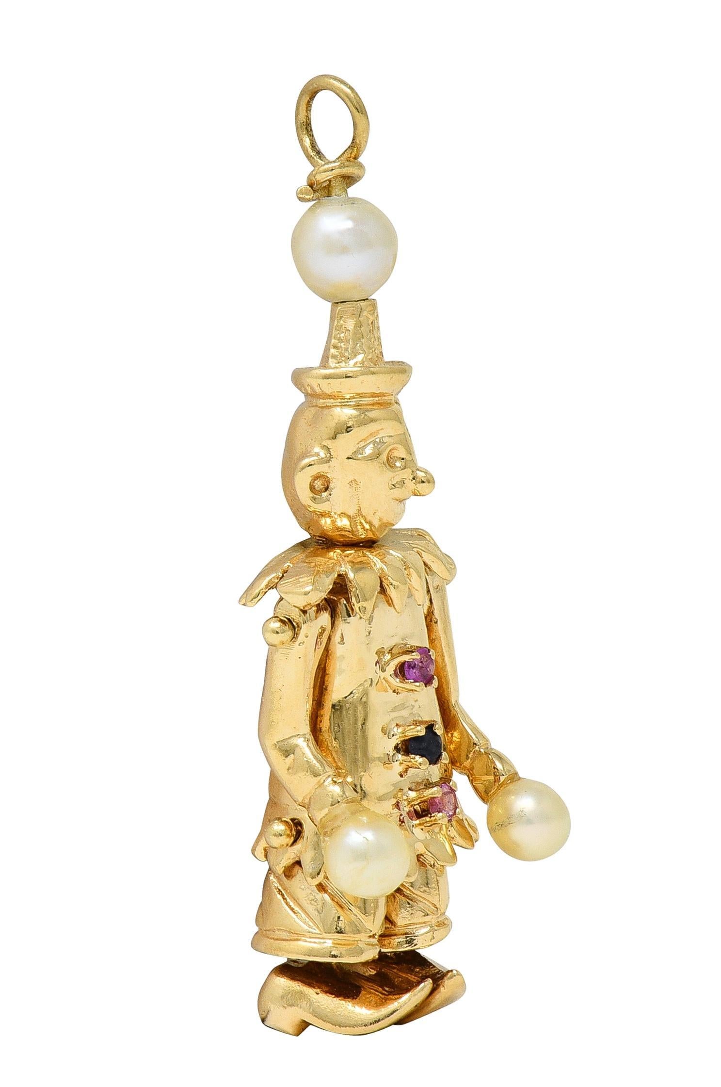 1960's Multi-Gem Pearl 14 Karat Gold Vintage Articulating Clown Pendant Charm en vente 1