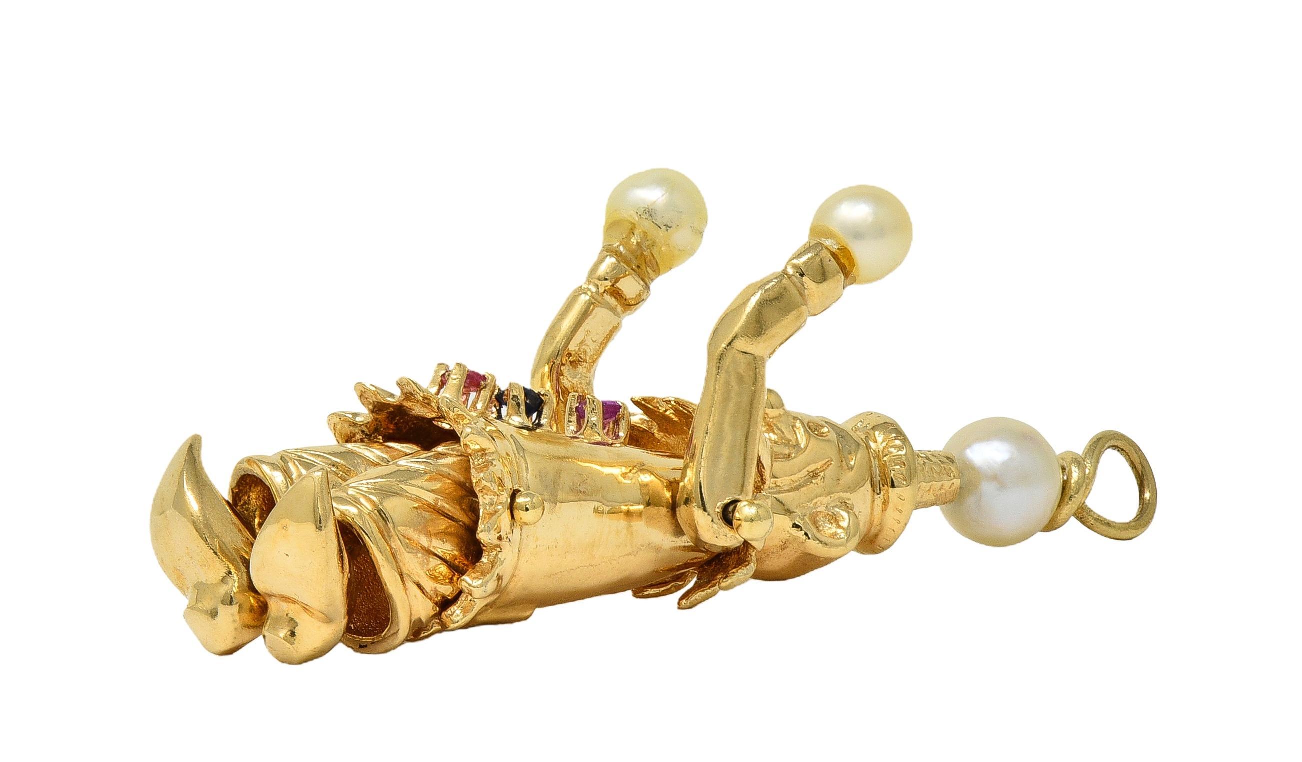 1960's Multi-Gem Pearl 14 Karat Gold Vintage Articulating Clown Pendant Charm en vente 3