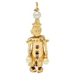 1960's Multi-Gem Pearl 14 Karat Gold Vintage Articulating Clown Pendant Charm
