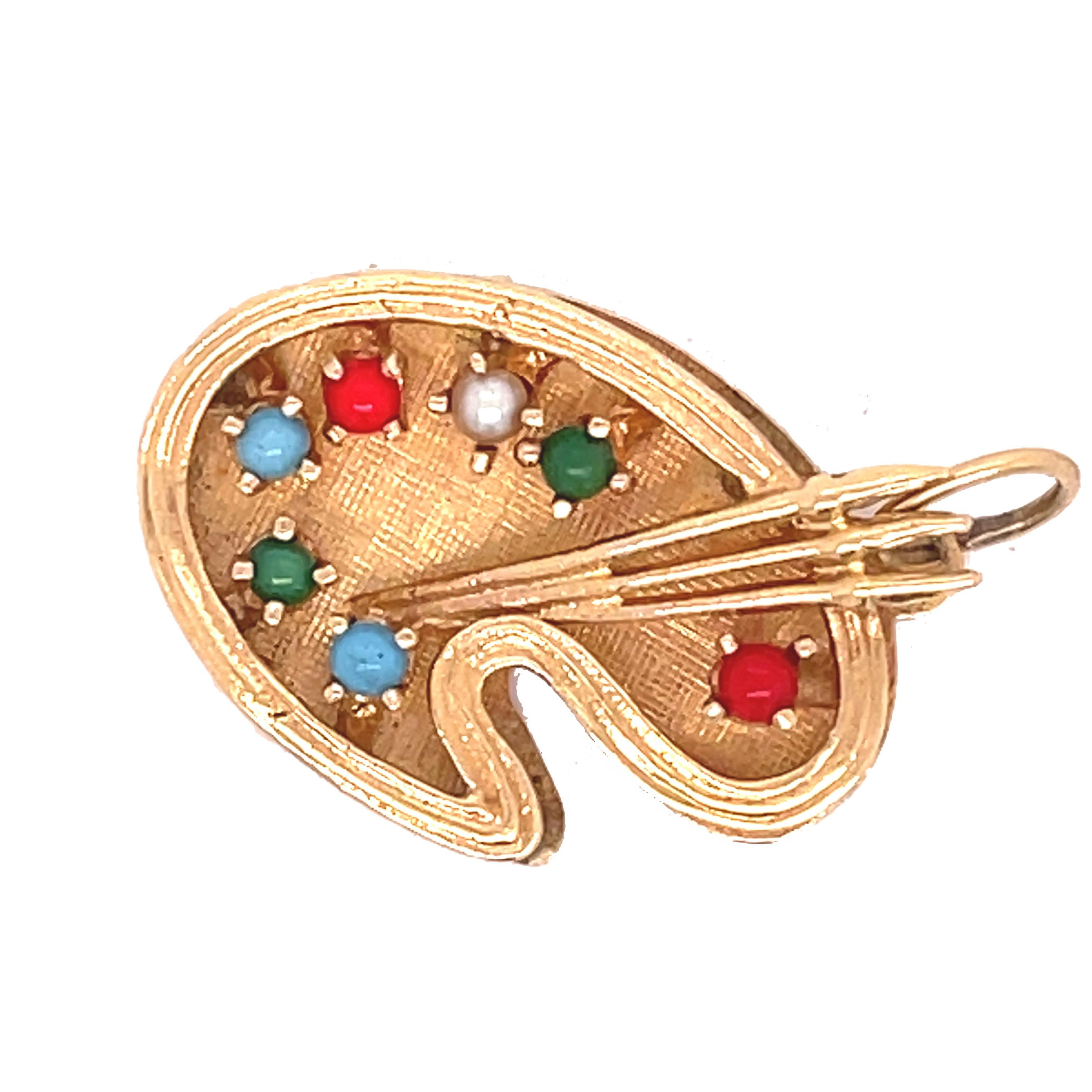 1960s, Multi-Stone Artist Palette Charm in Yellow Gold In Excellent Condition In Lexington, KY