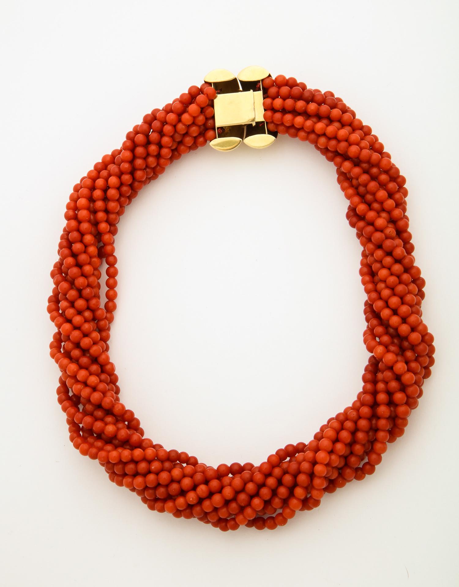 Women's 1960s Multi-Strand Coral and Gold and Diamond Torsade Choker Necklace