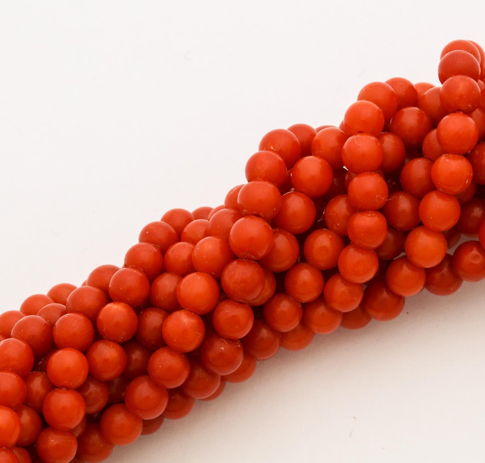 1960s Multi-Strand Coral and Gold and Diamond Torsade Choker Necklace 2