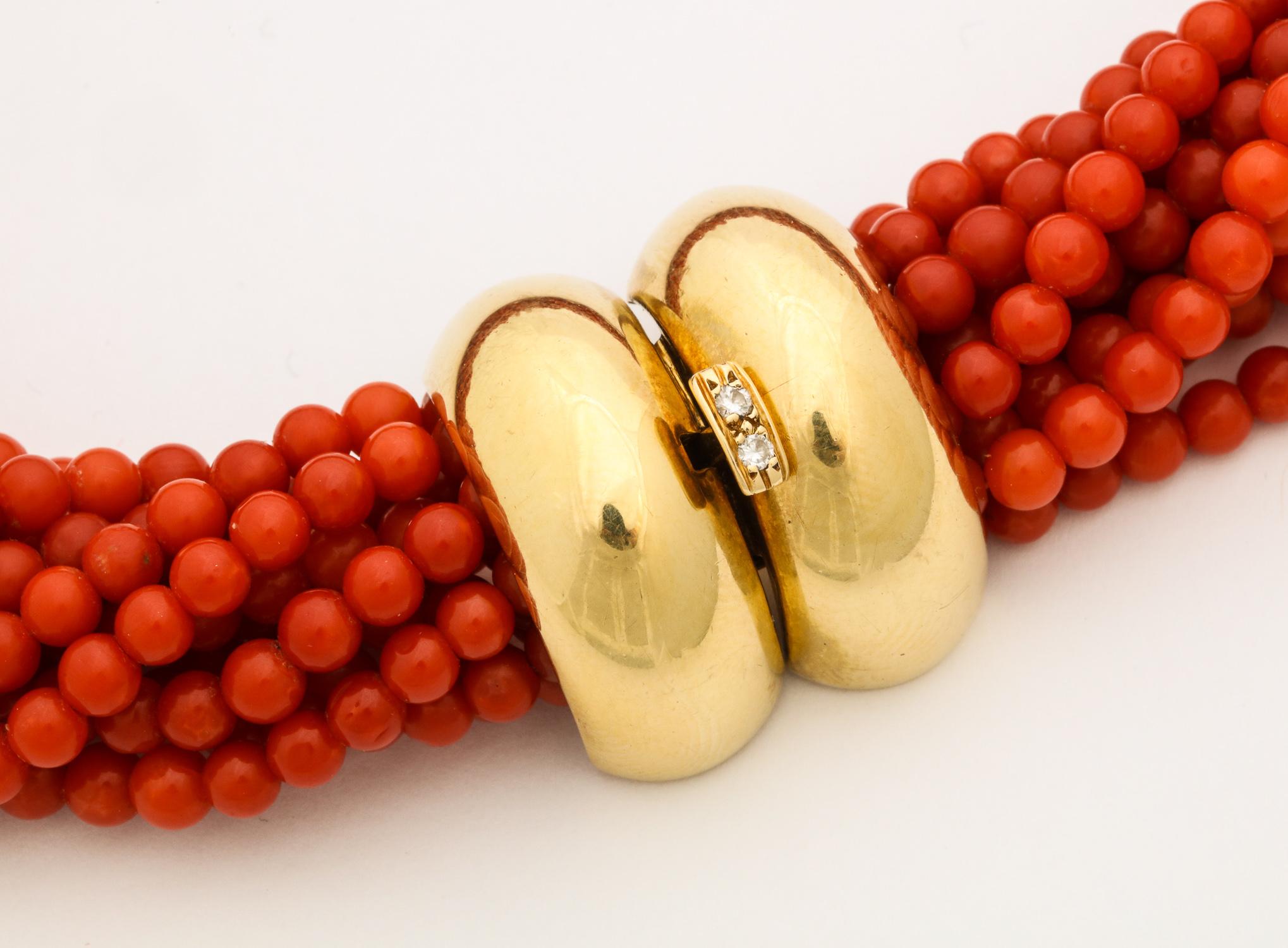 1960s Multi-Strand Coral and Gold and Diamond Torsade Choker Necklace 3