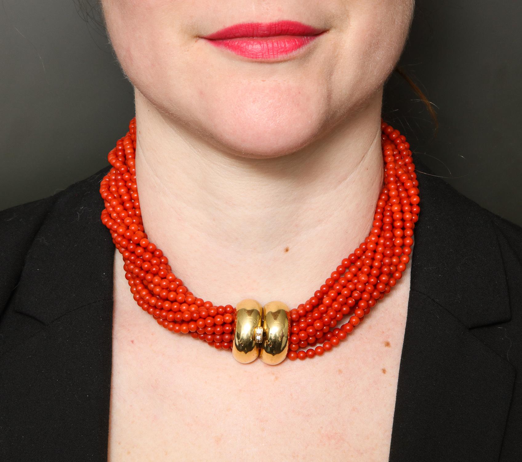 1960s Multi-Strand Coral and Gold and Diamond Torsade Choker Necklace 4