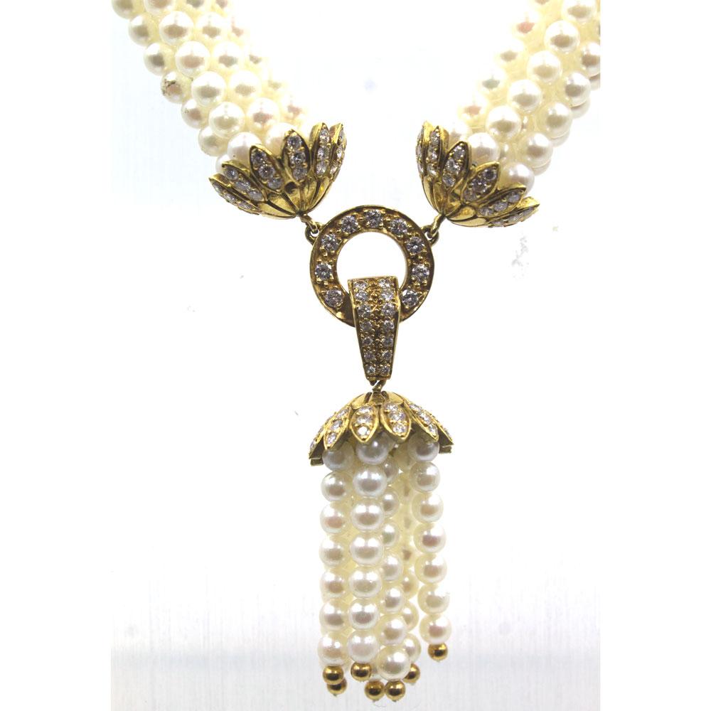 Modern 1960s Multi-Strand Pearl Diamond 18 Karat Yellow Gold Tassel Necklace