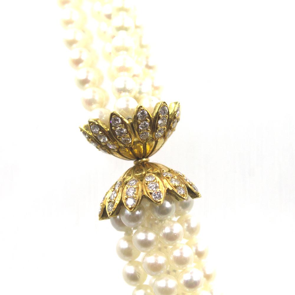 Round Cut 1960s Multi-Strand Pearl Diamond 18 Karat Yellow Gold Tassel Necklace
