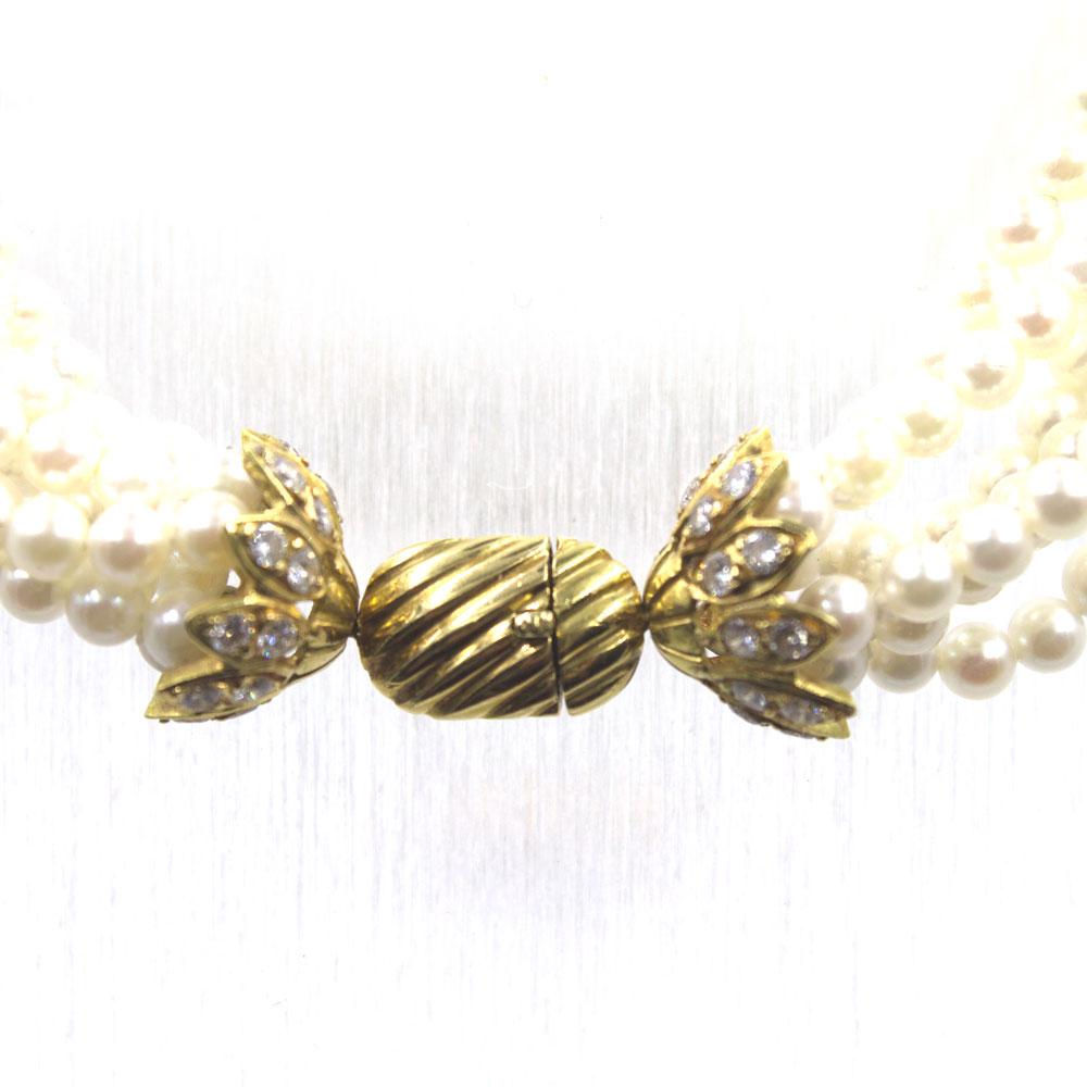 Women's 1960s Multi-Strand Pearl Diamond 18 Karat Yellow Gold Tassel Necklace