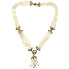 1960s Multi-Strand Pearl Diamond 18 Karat Yellow Gold Tassel Necklace