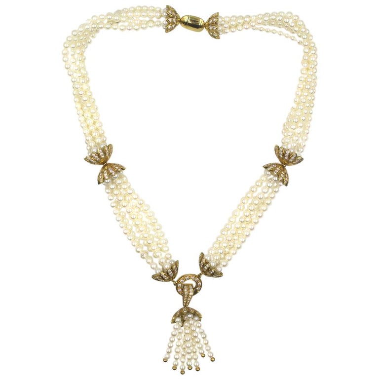1960s MultiStrand Pearl Diamond 18 Karat Yellow Gold Tassel Necklace