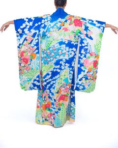 1960S Multicolor & Blue Silk Satin Hand-Printed Embroidered Kimono