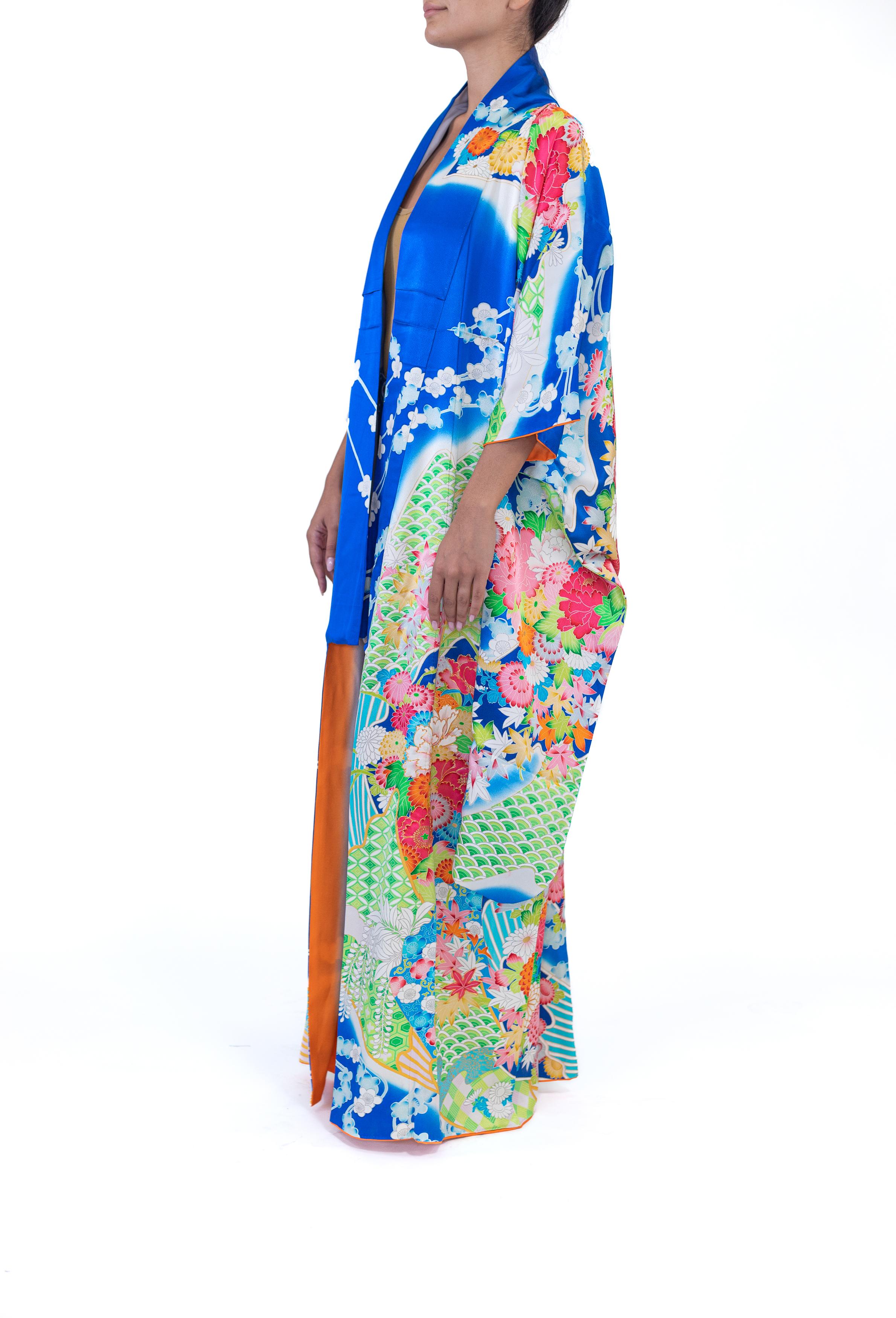 1960S Multicolor & Blue Silk Satin Hand-Printed Embroidered Kimono In Excellent Condition For Sale In New York, NY
