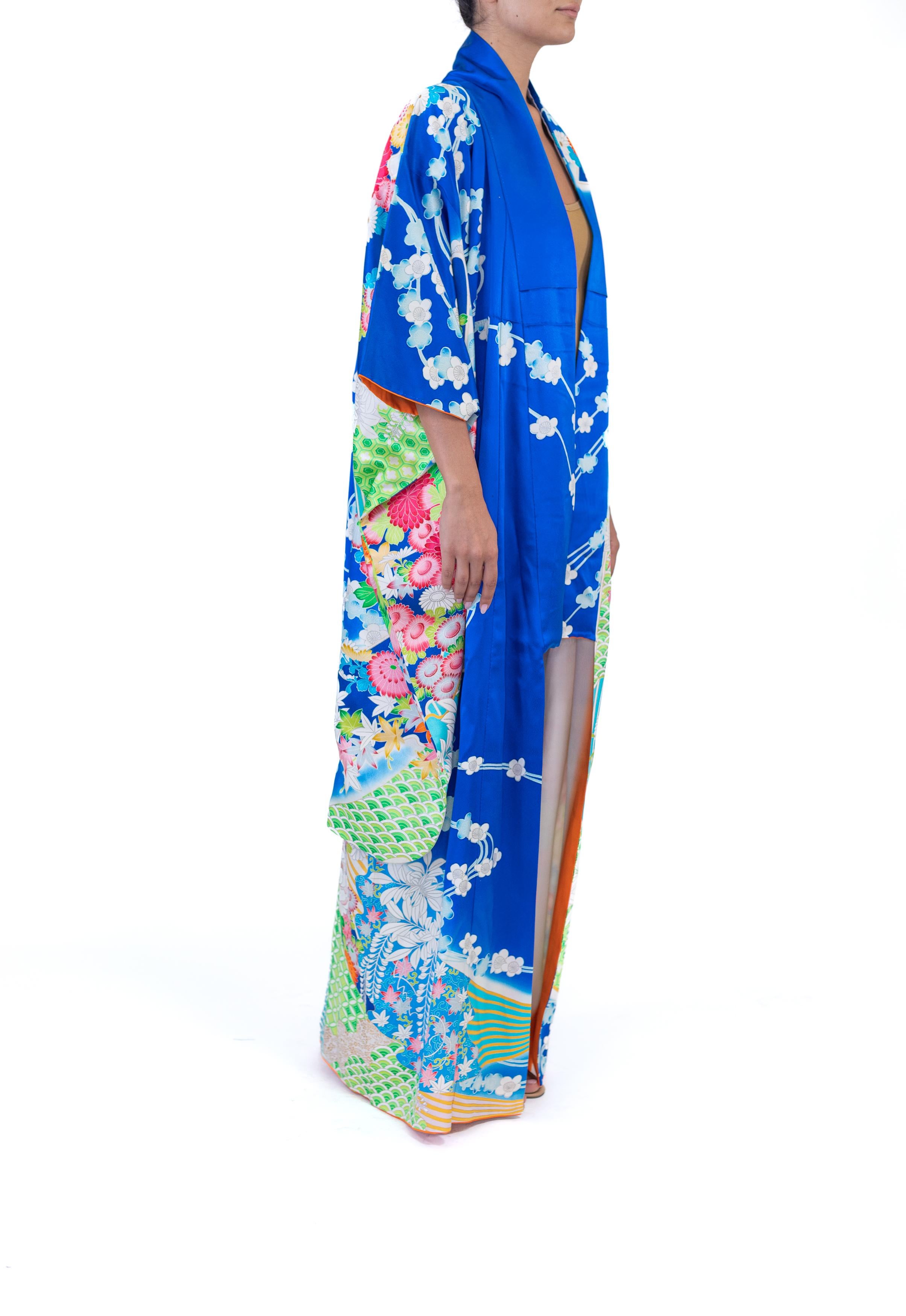 Women's 1960S Multicolor & Blue Silk Satin Hand-Printed Embroidered Kimono For Sale