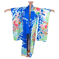 1960S Multicolor & Blue Silk Satin Hand-Printed Embroidered Kimono