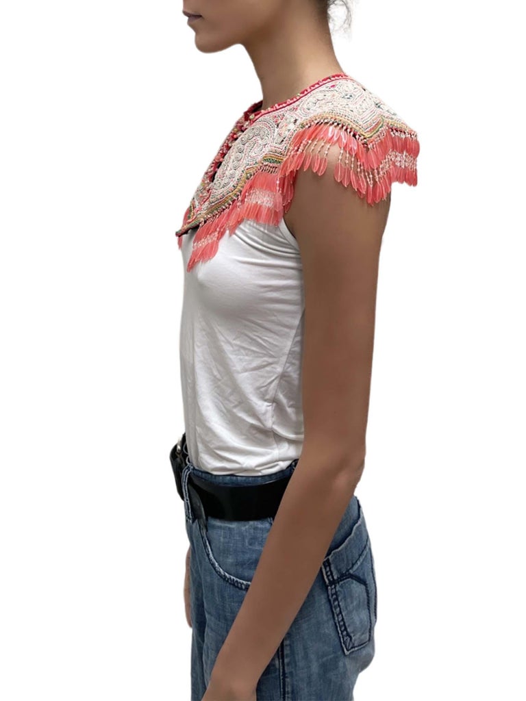 1960S Multicolor Central American Embroidered Collar Top With Plastic Bead Frin For Sale at 1stDibs