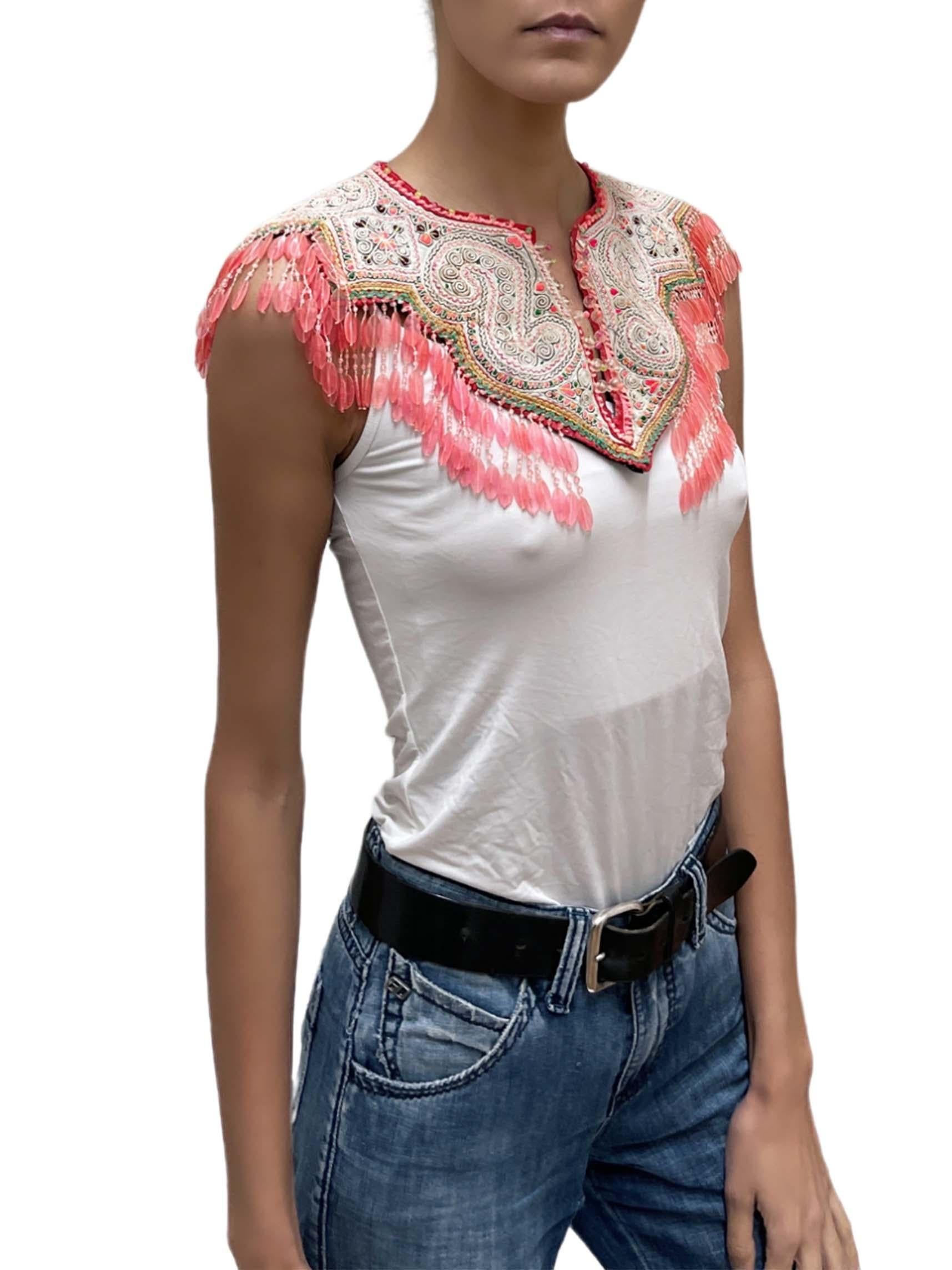 1960S Multicolor Central American Embroidered Collar Top With Plastic Bead Frin In Excellent Condition In New York, NY