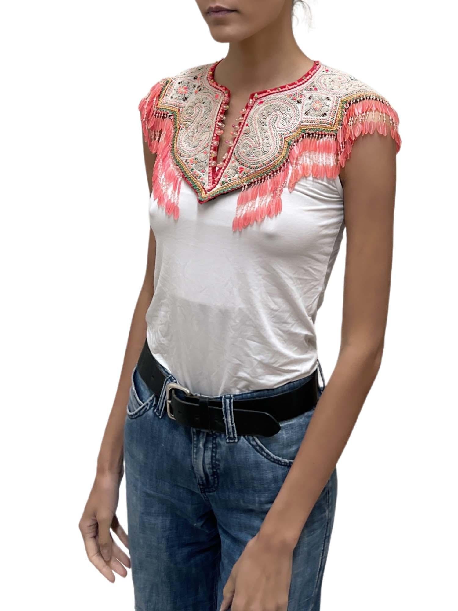 Women's or Men's 1960S Multicolor Central American Embroidered Collar Top With Plastic Bead Frin