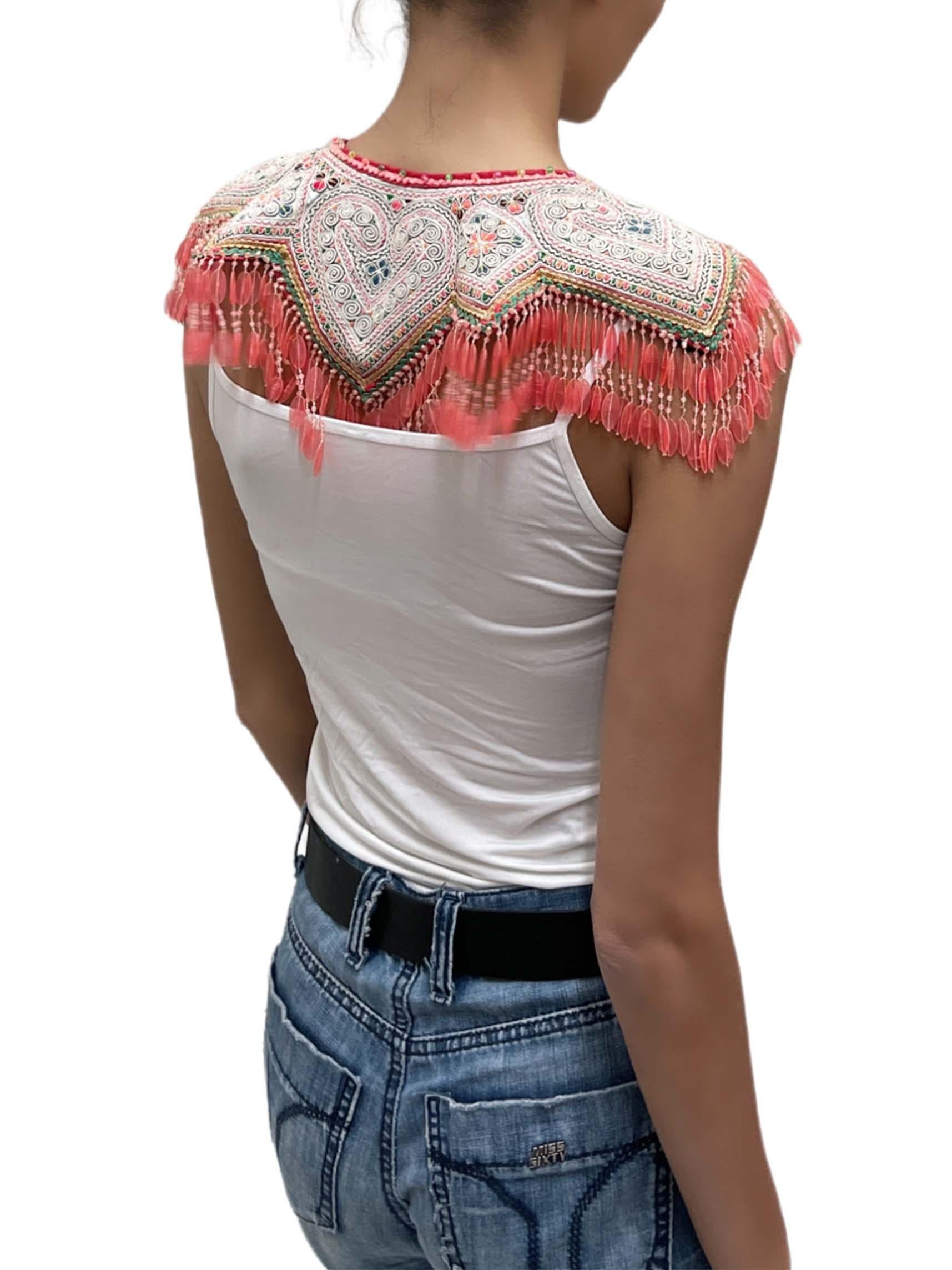 1960S Multicolor Central American Embroidered Collar Top With Plastic Bead Frin 1