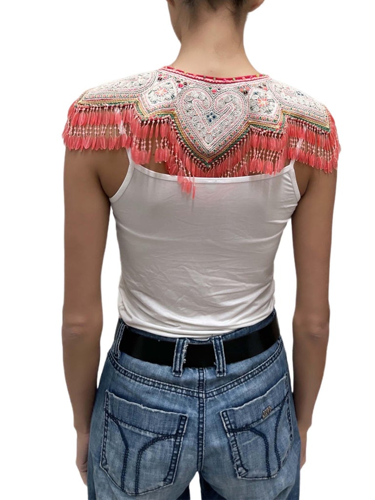 1960S Multicolor Central American Embroidered Collar Top With Plastic Bead Frin For Sale at 1stDibs