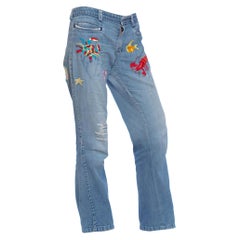 1960S Multicolor Cotton Denim Jeans With Rare Sea Creatures Hand Embroidery