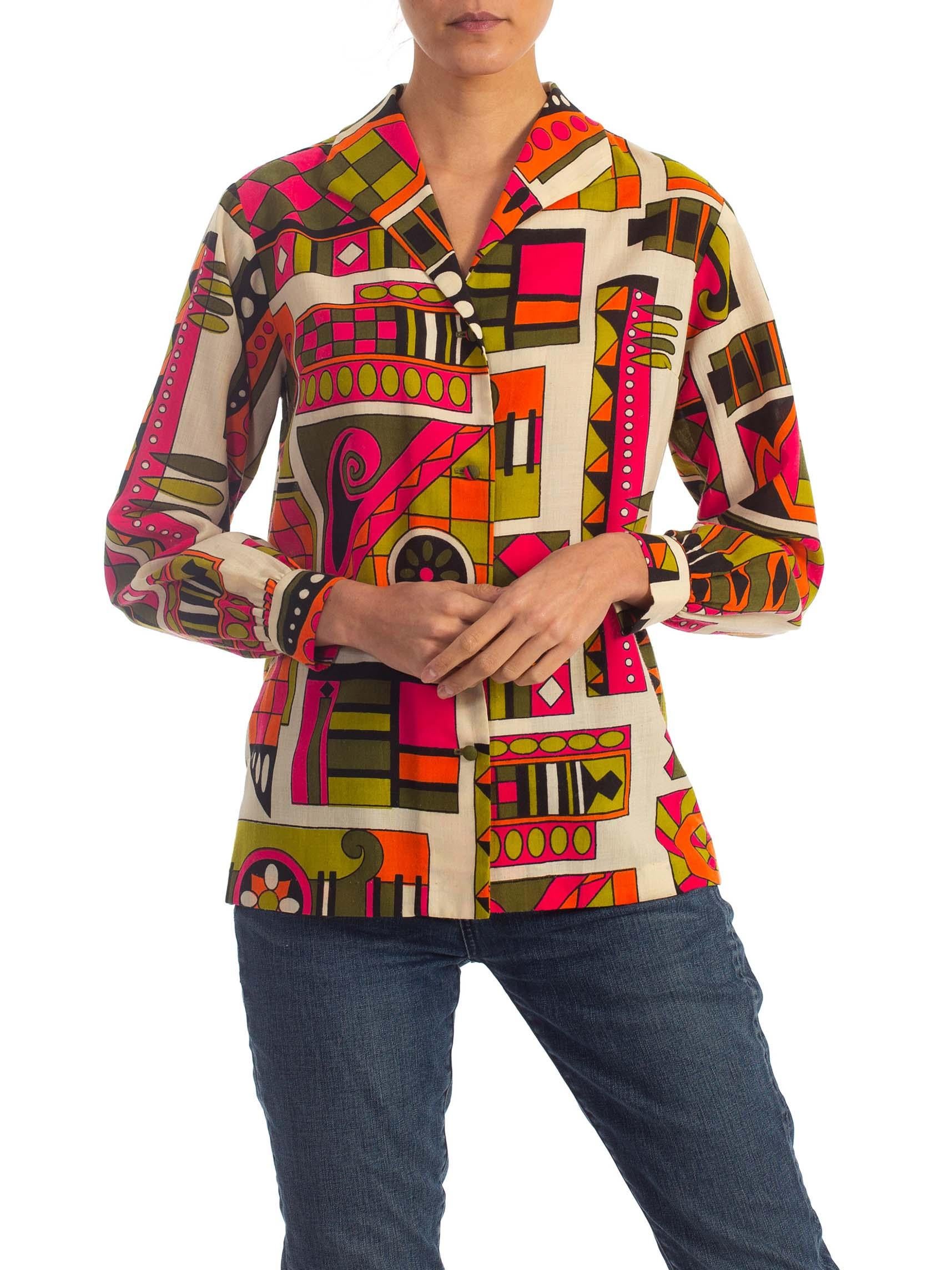 Brown 1960S Multicolor Cotton Mod Geometric Print Shirt