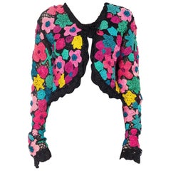 1960S Multicolor Floral Cotton Crochet & Net Cardigan Sweater