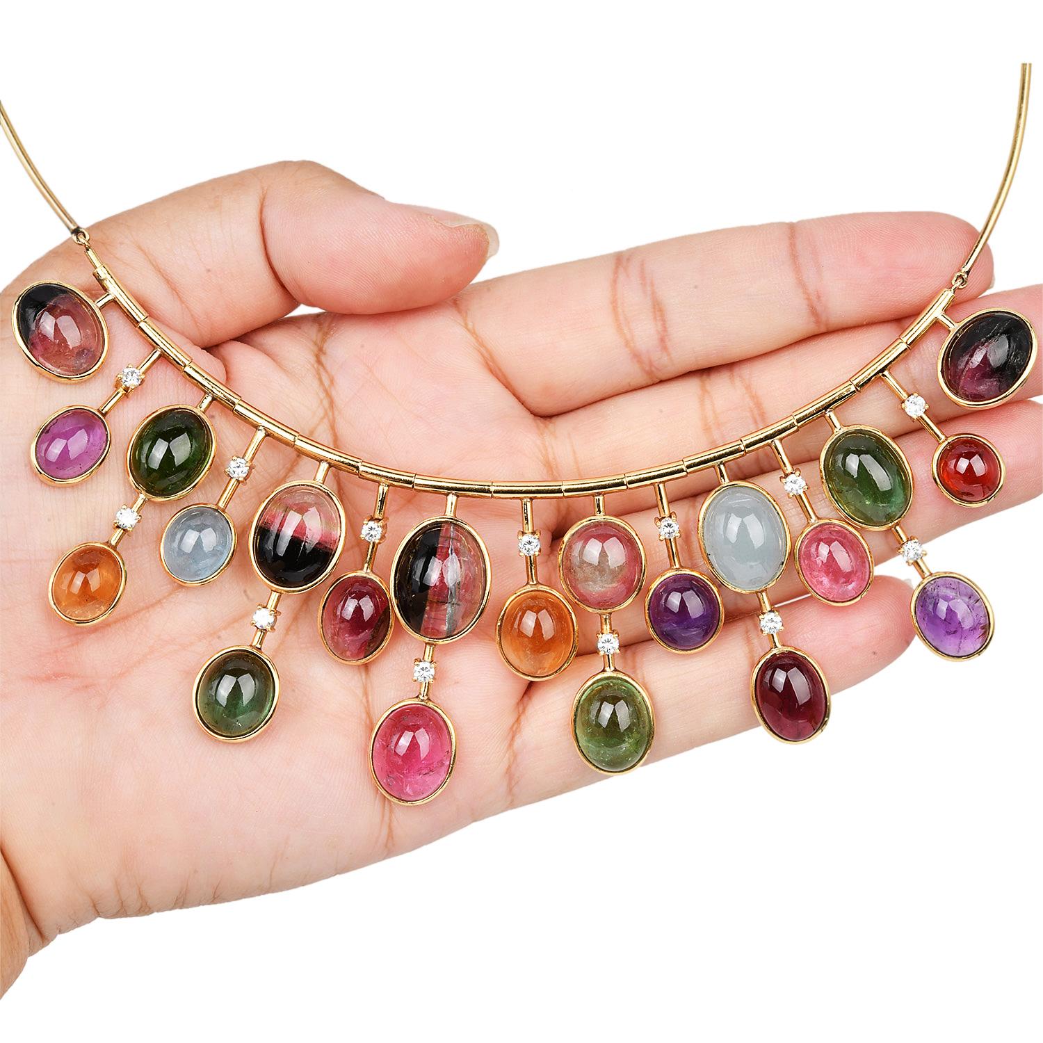 1960s Multicolor GIA Tourmaline Cabochon Diamond 18K Gold Fringe Necklace For Sale 6